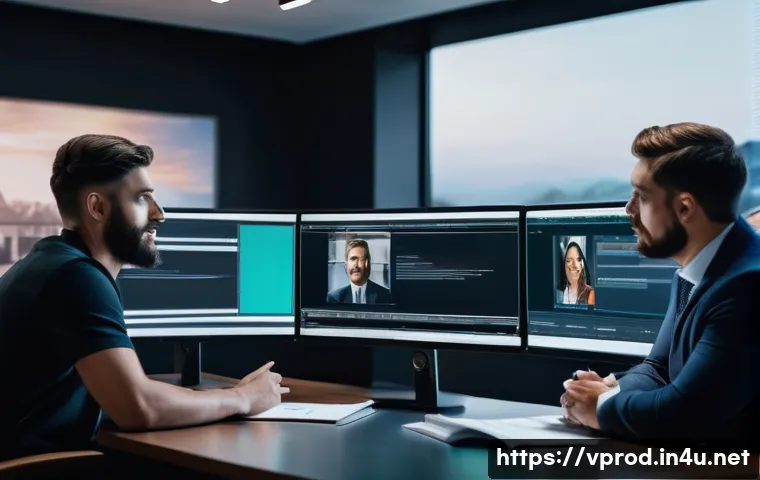 영상제작과 관련된 법적 이슈 - A professional video production studio scene showing a diverse team of content creators discussing c...