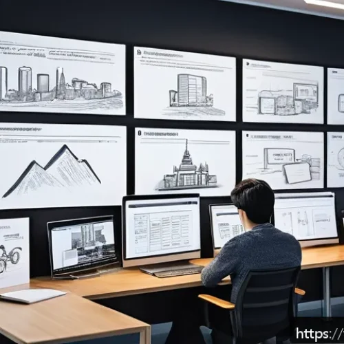 Home 31 영상제작에서 사용하는 용어 정리 - A creative workspace scene showing a detailed storyboard pinned on a wall, featuring hand-drawn sket...