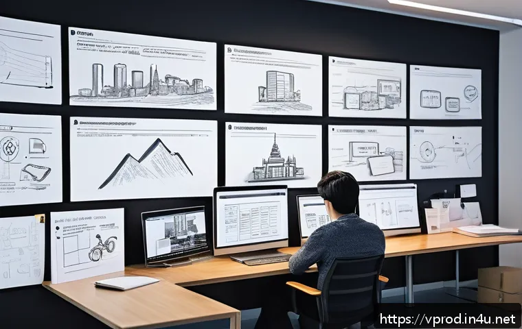 영상제작에서 사용하는 용어 정리 - A creative workspace scene showing a detailed storyboard pinned on a wall, featuring hand-drawn sket...