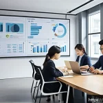 Home 18 영상제작 업무일지 작성 팁 - A modern office setting with a diverse team of professionals gathered around a large table, actively...