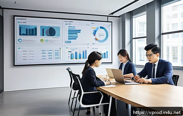 영상제작 업무일지 작성 팁 - A modern office setting with a diverse team of professionals gathered around a large table, actively...