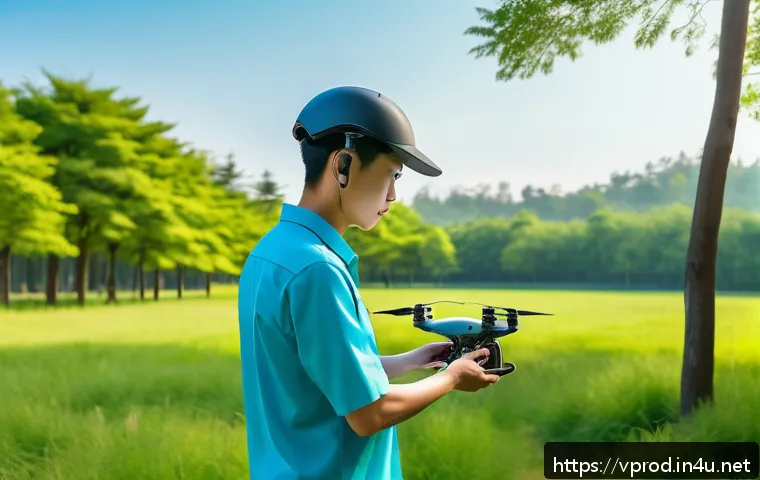 드론 촬영 전문가 되는 법 - A skilled drone pilot practicing basic controls in a spacious outdoor park during daytime, holding a...